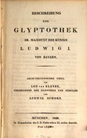 Beschreibung der Glyptothek Sr. Majestät des Königs Ludwig I. von Bayern