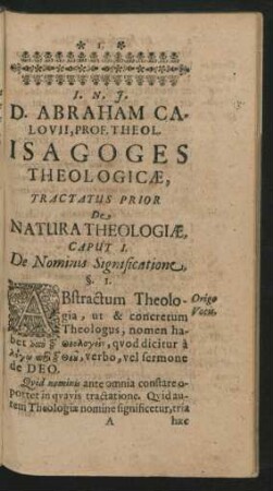 Tractatus Prior De Natura Theologiae.