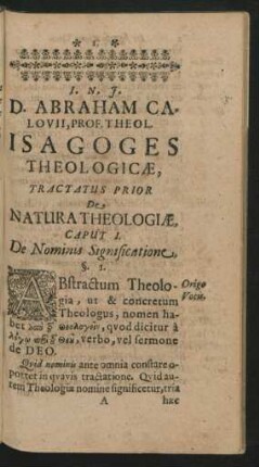 Tractatus Prior De Natura Theologiae.