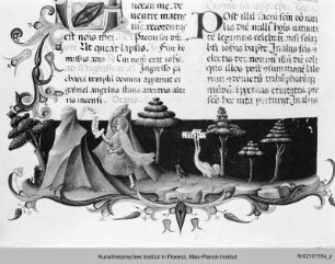 Breviarium nach den Regeln des Heiligen Benedikt : Buchseite mit Randbordüre, Text, Initiale und Miniatur mit der Darstellung Johannes des Täufers