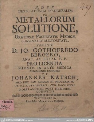 Dissertationem Inauguralem De Metallorum Solutione