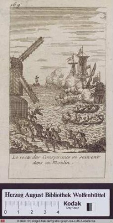Ein Schiff und zwei Boote beschießen an Land zu einer Mühle fliehende Männer.