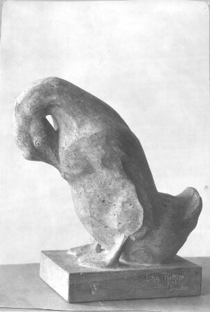 Sich putzende Ente. Muschelkalkstein (wohl nach 1945; E. Richter). Dresden-Striesen, Borsbergstraße 11, Atelier der Künstlerin