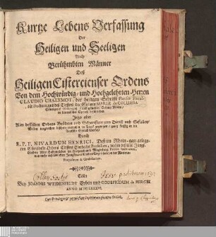 Kurtze Lebens Verfassung Der Heiligen und Seeligen Auch Berühmbten Männer Deß Heiligen Cistercienser Ordens