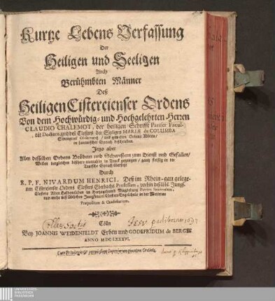 Kurtze Lebens Verfassung Der Heiligen und Seeligen Auch Berühmbten Männer Deß Heiligen Cistercienser Ordens