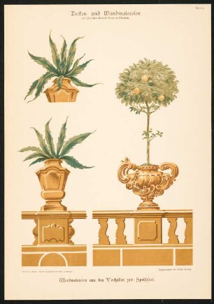 Decken- und Wandmalereien ausgeführt in der Deutsch-Nationalen Kunstgewerbe-Ausstellung München 1888 (Verlag Callwey, 17 Tafeln in Farbendruck, aufgenommen von Stefan Herweg, hrsg. von Friedrich Nauert): Tafel 14: Wandmalereien aus den Vorhallen zum Speisesaal