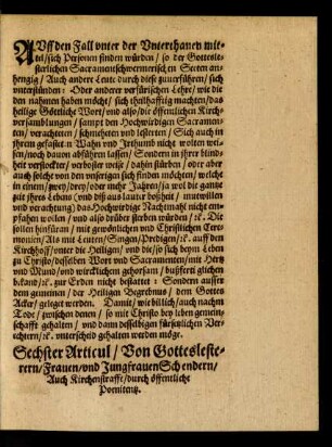 Sechster Articul/ Von Gotteslesterern/ Frauen/ und Jungfrauenschendern/ Auch Kirchenstraffe/ durch öffentliche Poenitentz.