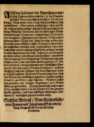 Sechster Articul/ Von Gotteslesterern/ Frauen/ und Jungfrauenschendern/ Auch Kirchenstraffe/ durch öffentliche Poenitentz.