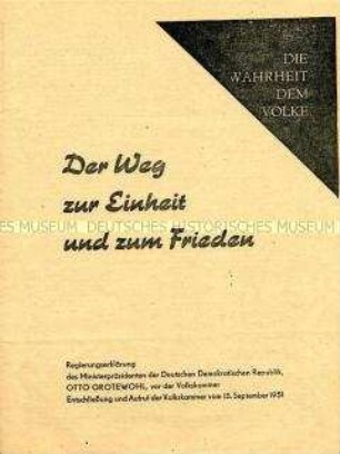 Regierungserklärung von Otto Grotewohl und Appell der Volkskammer an den Bundestag und alle Deutschen für eine gesamtdeutsche Beratung über freie demokratische Wahlen zur Nationalversammlung, Einheit Deutschlands und Friedensvertrag