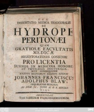 Dissertatio Medica Inauguralis De Hydrope Peritonæi
