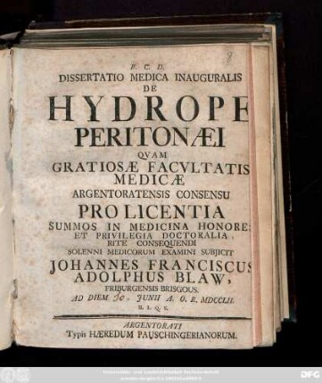 Dissertatio Medica Inauguralis De Hydrope Peritonæi