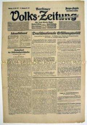 Berliner Volks-Zeitung zur Diskussion um die Erfüllung der Bedingungen des Versailler Vertrages