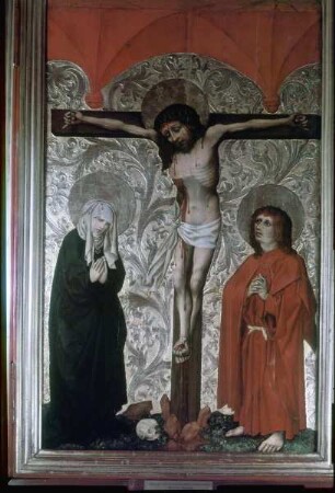 Halleraltar — Altar bei geöffnetem Zustand — Christus am Kreuz zwischen Maria und Johannes