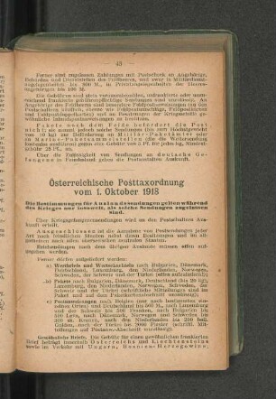 Österreichische Posttaxordnung vom 1. Oktober 1918