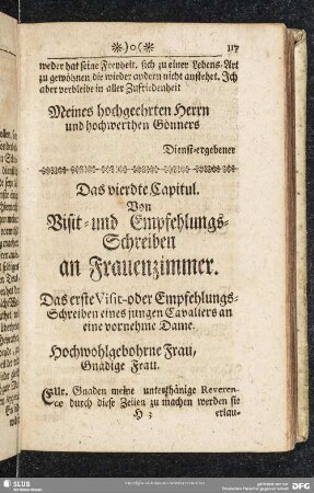 Das vierdte Capitul. Von Visit- und Empfehlungs-Schreiben an Frauenzimmer