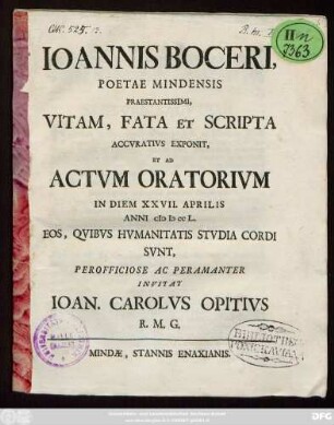 Ioannis Boceri, Poetae Mindensis Praestantissimi Vitam Fata Et Scripta