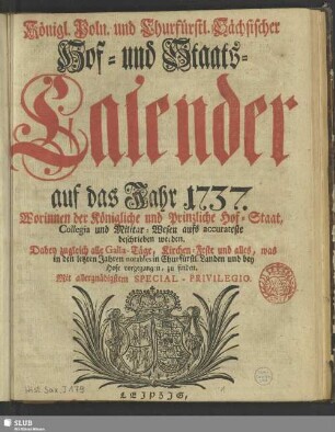 1737: Königlich-Polnischer und Churfürstlich-Sächsischer Hoff- und Staats-Calender