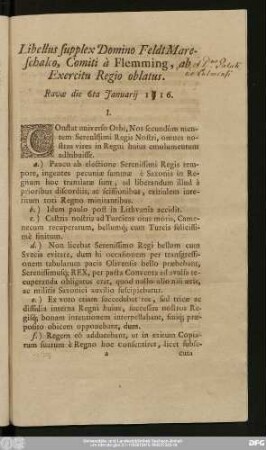 Libellus supplex Domino Feldt Mareschalco, Comiti à Flemming, ab Exercitu Regio oblatus : Ravæ die 6ta Januarii 1616