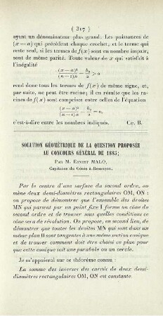 Solution géométrique de la question proposée au concours général de 1885.