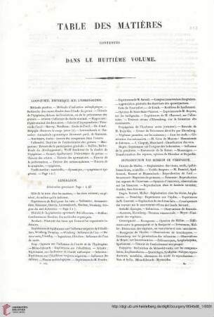 Table des matières contenues dans le huitième volume