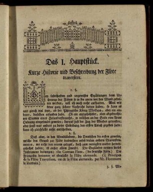 Das I. Hauptstück. Kurze Historie und Beschreibung der Flöte traversiere.
