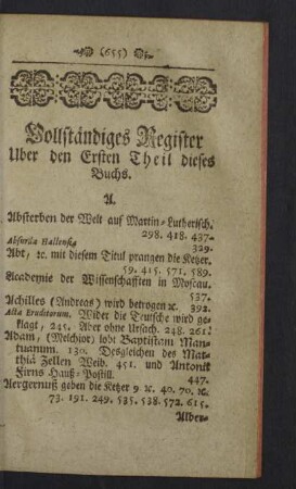 Vollständigses Register über den Ersten Theil dieses Buchs.