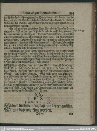 XX. Text. Psalm XC. 12. (13.). Lehre Uns bedencken, daß wir sterben müssen, auf daß wir klug werden