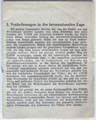 Tarnschrift in neutralem Einband mit dem Wortlaut des Berichtes von Manuilski über die Entwicklung der Komintern auf dem XVIII. Parteitag der KPdSUU
