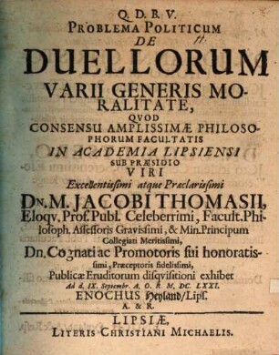 Problema politicum de duellorum varii generis moralitate