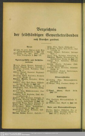 Berufsklassen und Gewerbebetriebe : Verzeichnis der selbständigen Gewerbetreibenden nach Branchen geordnet