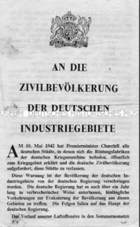 Abwurf-Flugblatt der Alliierten mit einer Warnung an die Bevölkerung der Industriegebiete vor verstärkten Luftangriffen