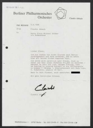 Brief an Klaus Michael Grüber, 05.09.1996