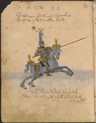 Blatt 55 verso: Geharnischter Reiter (Wolf Conradt von Einsiedel?) : Günther von Löser. Stammbuch von 1593-1610 (1632). Blatt 55 verso: Blatt 55 verso: Geharnischter Reiter (Wolf Conradt von Einsiedel?). Tuschezeichnung mit Gold über Bleistift auf Papier; 18,8 x 14,6 cm (Blattgröße). (1599). Dresden: SLUB Mscr.Dresd.C.512