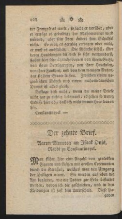 Der zehnte Brief. Aaron Monceca an Isaak Onis, Rabbi zu Constantinopel