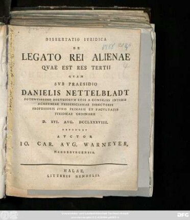 Dissertatio Ivridica De Legato Rei Alienae Qvae Est Res Tertii