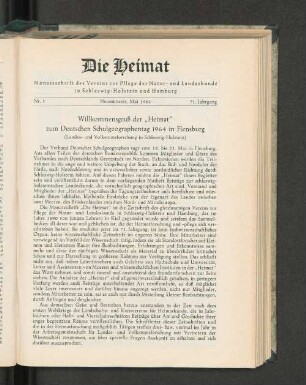 Willkommensgruß der „Heimat“ zum Deutschen Schulgeographentag 1964 in Flensburg. (Landes- und Volkstumsforschung in Schleswig-Holstein).