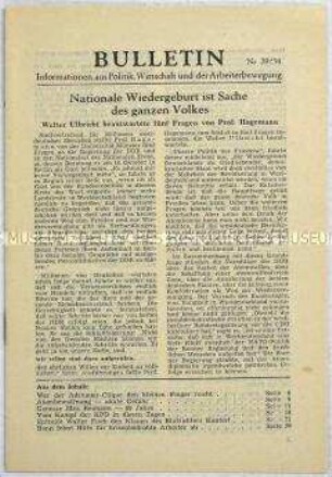Illegales Informationsblatt der KPD "Bulletin" u.a. mit einem Interview des Politikwissenschaftlers Walter Hagemann mit Walter Ulbricht