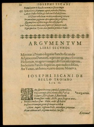 Argumentum Libri Secundi. ... Josephi Iscani De Bello Troiano Lib. II.