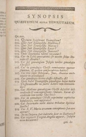Synopsis Quaestionum Supra Resolutarum.