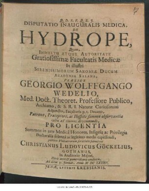 Disputatio Inauguralis Medica, De Hydrope