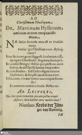 Ad Clarißimum Theologum Dn. Martinum Hyllerum ...