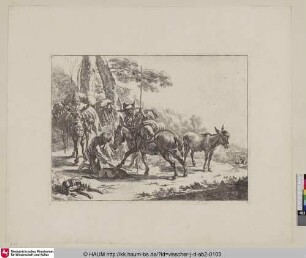 [Der Schmied beschlägt den Esel; Farrier shoeing a donkey]