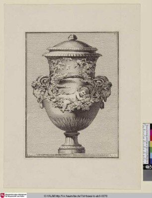 [Vase mit zwei zu Henkeln stilisierten Ziegenbockschädeln, die eine Hängematte halten, in der ein Putto liegt]