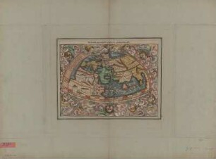 Weltkarte nach Ptolemäus, 1:60 000 000, Holzschnitt, 1550 : Ptolemaisch General-Tafel, begreiffend die halbe Kugel der Welt. - 1:60 000 000. - [Basilea] : [H. Petri] , [1550]. - 1 Kt. : kolor. Holzschnitt ; 35 x 26 cm