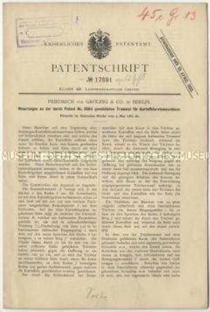 Patentschrift über Neuerungen an der Patent-Nr. 2664 geschützten Trommel für Kartoffelerntemaschinen, Patent-Nr. 17891