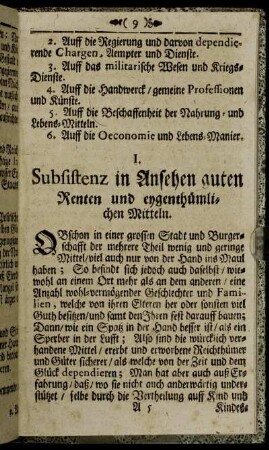 I. Subsistenz in Ansehen guten Renten und eygenthümlichen Mitteln.
