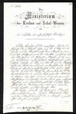 Schreiben des Ministeriums des Kirchen- und Schul-Wesens an die Direktion der wissenschaftlichen Sammlungen