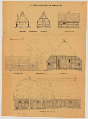 Dobbertin (Kreis Parchim): Hof Biermann. - Haupthaus (Ostansicht, Südansicht). - Schweinestall (Ostansicht). - Backhaus (Ansichten, Querschnitt)