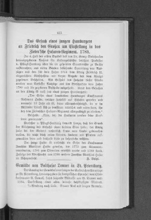 Das Gesuch eines jungen Hamburgers an Friedrich den Großen um Einstellung in das Zieten'sche Husaren=Regiment. 1780.