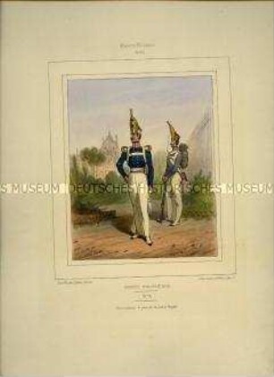 Uniformdarstellung, Offizier und Grenadier des Garde-Grenadier-Regiments, Preußen, 1832/1848. Tafel Nr. 62 aus: Galerie militaire. Collection des Costumes Militaires de toutes les Nations. Paris 1840 - 1855.